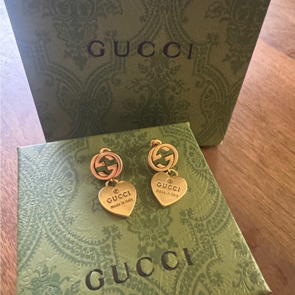 GUCCI Gold Heart Drop Earrings with Interlocking Logo Accent